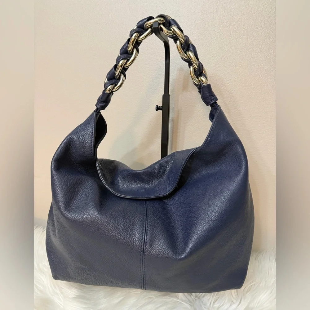 Vince Camuto Navy Leather Hobo Bag with Chain Handle